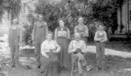 Leander Addington Family,  Front: Dora Elizabeth (Feagans), Leander Addington, Rear: Harry Vern, Cressie, Mabel, Gilva and Cecil Addington, about 1908,   Leander was the s/o David and Huldah (Bolinger) Addington, gs/o Joseph and Celia (Townsend) Addington, and ggs/o John and Elizabeth (Heaton) Addington, gggs/o Henry and Sarah (Burson) Addington.   