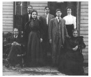  Milfred Addington(1855-1911) Family, 1910    Seated from left, Milfred, Sarah (Milner) his wife,Standing from left: Forrest, Edna, Noel, Everett, Myrtle (Green) Noel's wife   Milfred Addington is the s/o Benjamin Addington and his wife Rebecca Harold, gs/o Joseph Addington (1776 - 1836) and his second wife Celia Townsend, ggs/o John Addington (1745-1833) and his second wife Elizabeth Heaton, gggs/o  Henry Addington (?1720 - 1787) and his wife Sarah Burson